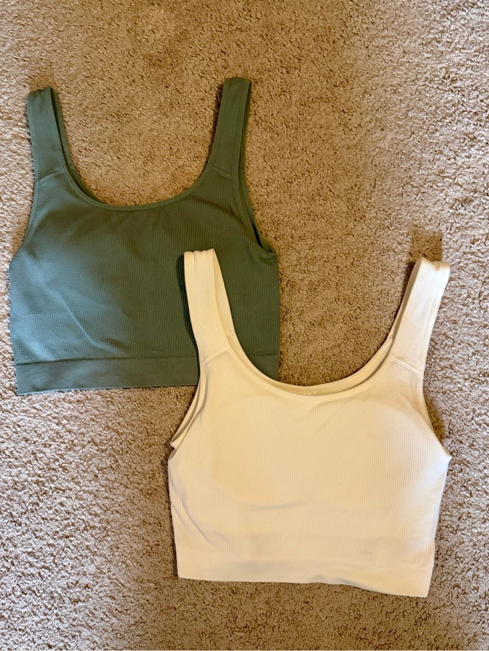 Jockey Ribbed Scoop Crop Tank Tops in Olive Green and Cream